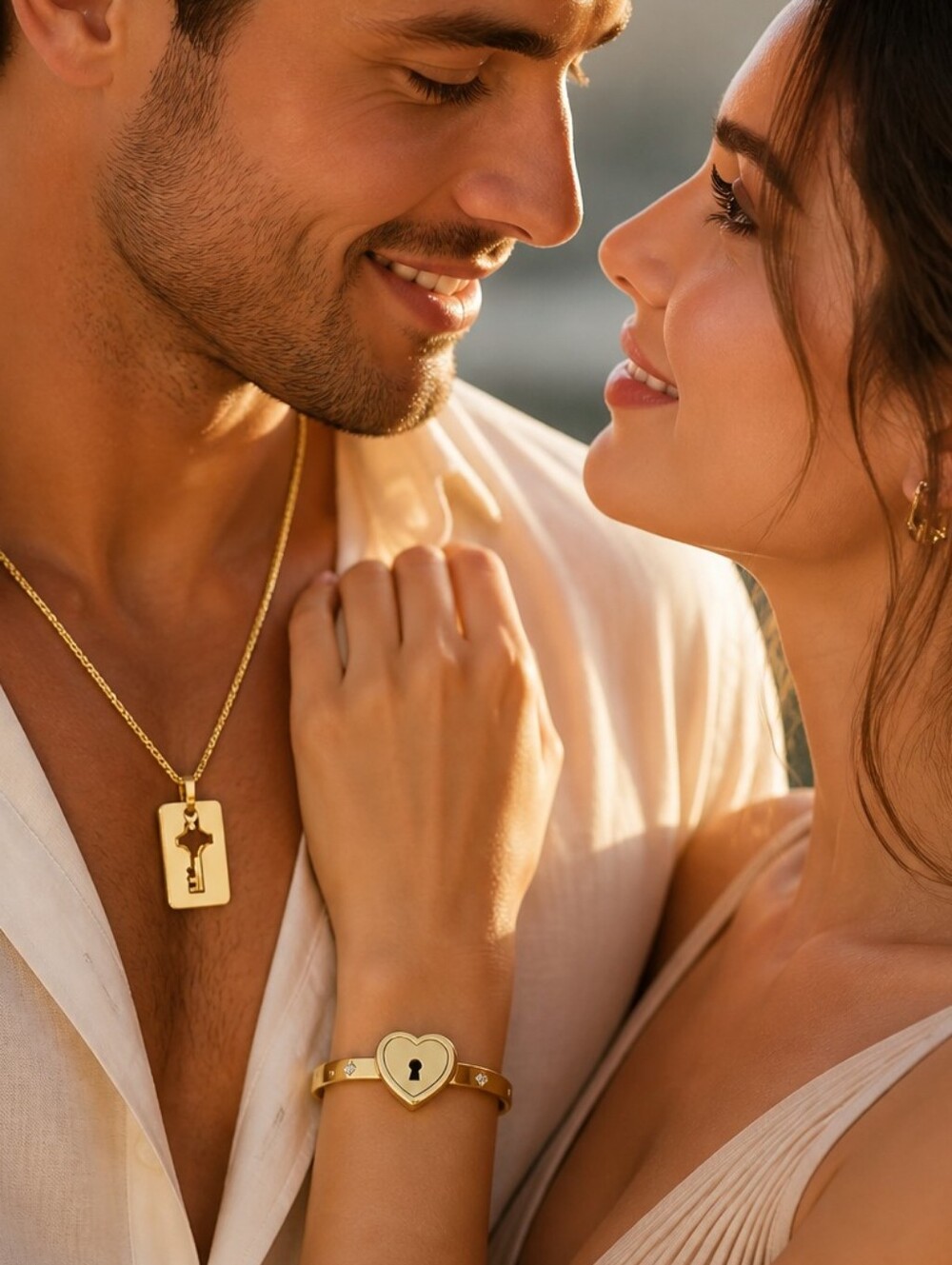 Gold Heart Lock Key Couple Jewelry Set Bracelet Necklace Romantic Love Gift New